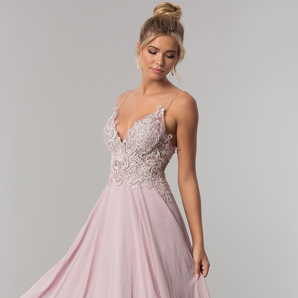 Long V-Neck Open-Back Mauve Chiffon Prom Dress by PromGirl